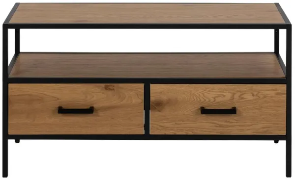 ACT NORDIC Seaford TV-bord, med 1 hylla och 2 lådor - naturlig vild ek melamin och svart metall (90x35)